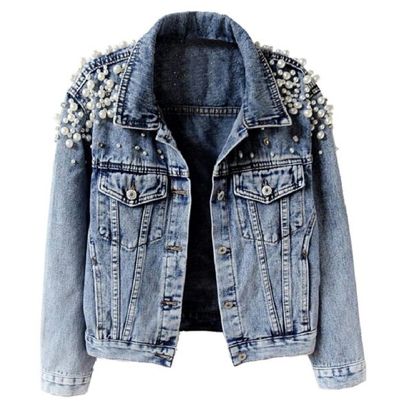 Jackets & Blazers - Distressed Denim Jacket with Pearl Embroidery, Cotton Poly Blend, Sizes XS-XXL